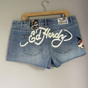 Ed Hardy Love Eternal Denim Jean Shorts Raw‎ Hem Cut-off  Size 32